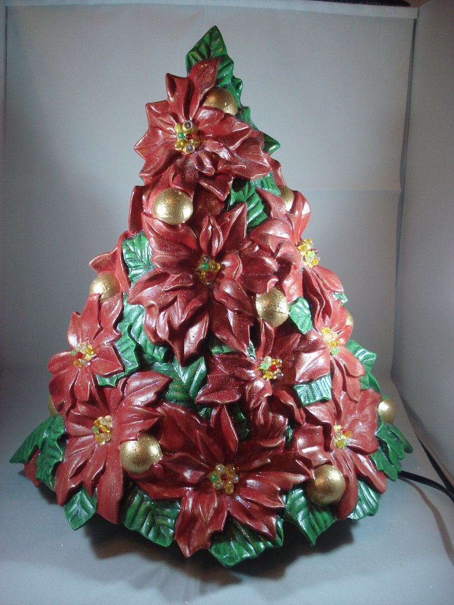 Large Ceramic Red Poinsettia Flower Xmas Christmas Tree Table Lamp Decoration.  
