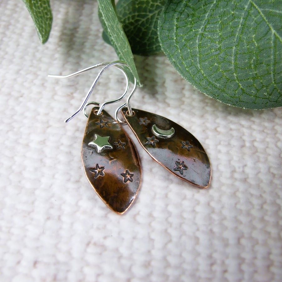 Earrings, Sterling Silver and Copper Mismatched Moon & Star Droppers