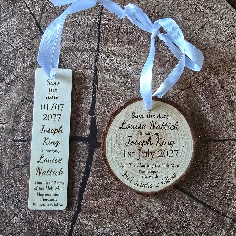 Save the date bookmark or wooden disc - an unusal way to spread the news!