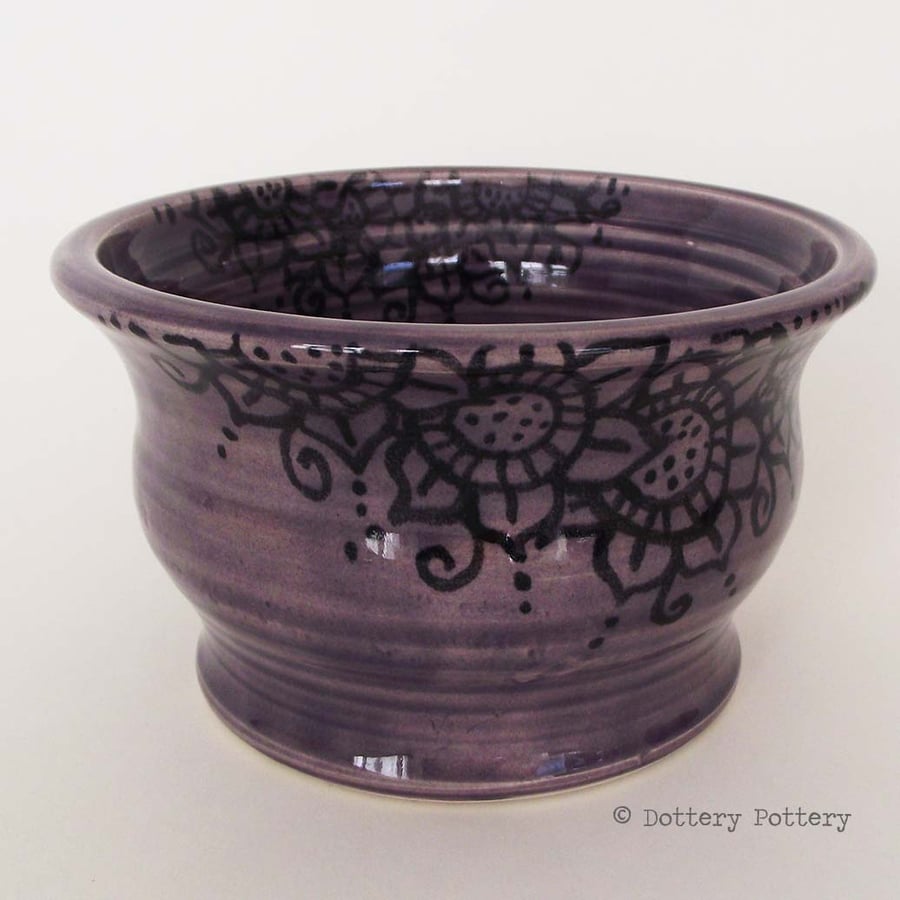 Purple ceramic bowl, plant pot, henna design, pottery bowl, handthrown pot