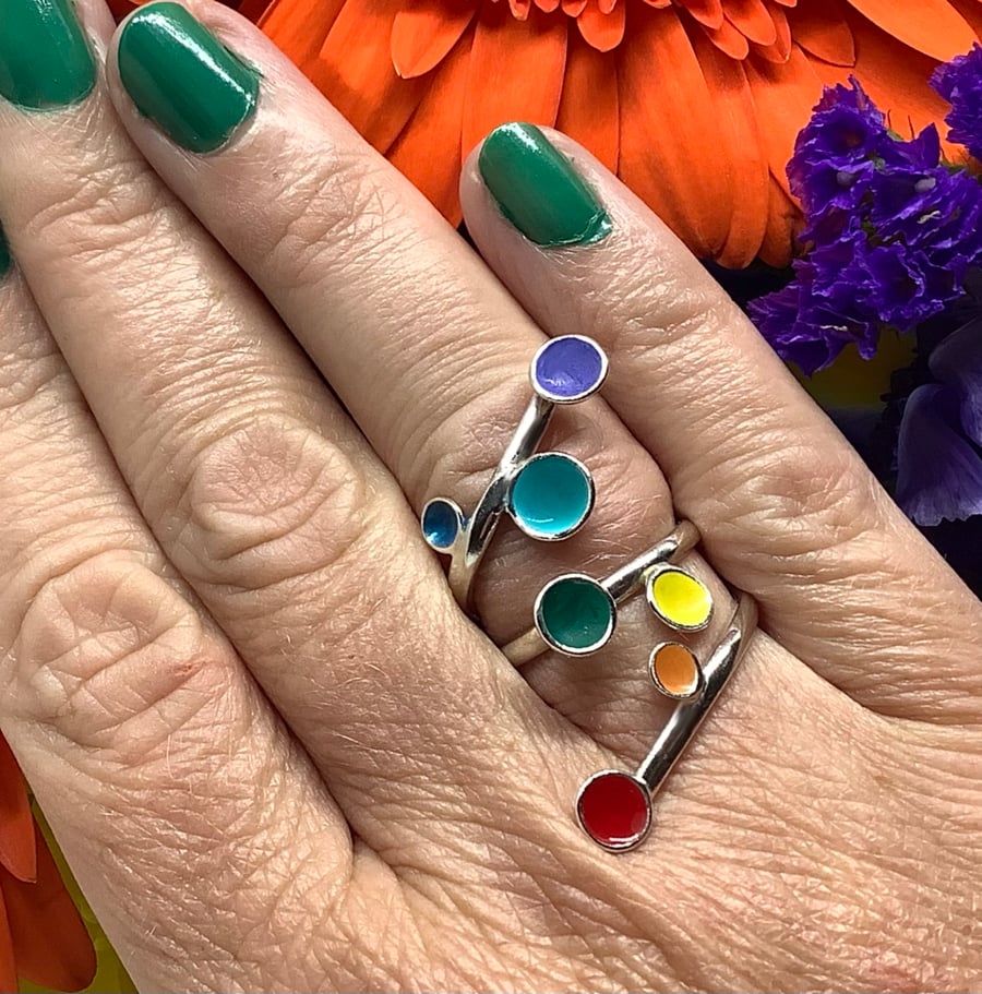 Sterling silver & rainbow coloured enamel adjustable wrap ring