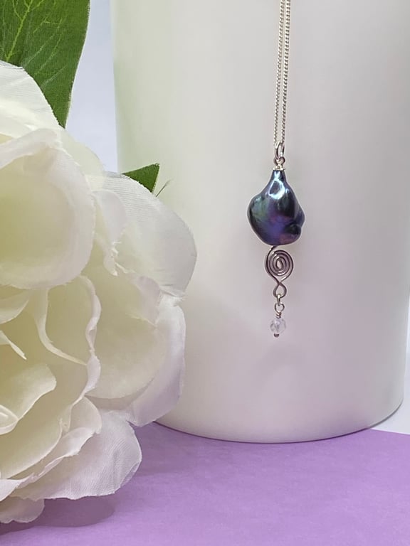 Peacock coloured freshwater nugget pearl pendant on sterling silver chain