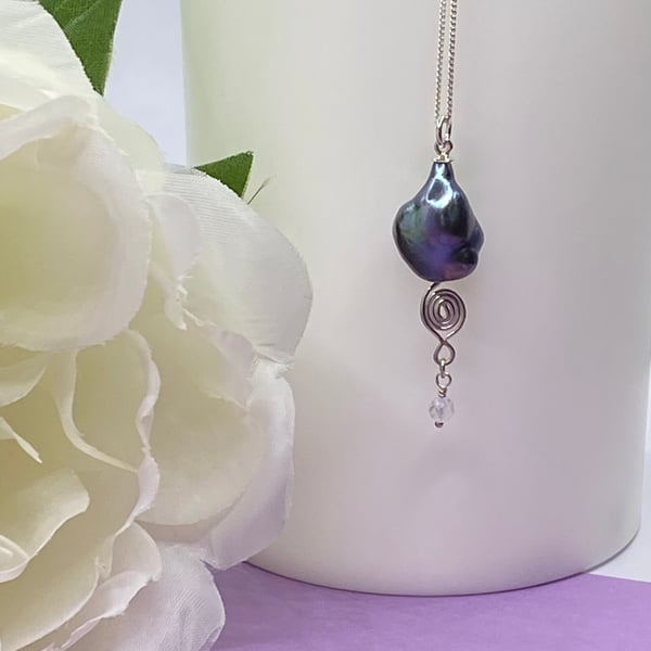 Peacock coloured freshwater nugget pearl pendant on sterling silver chain
