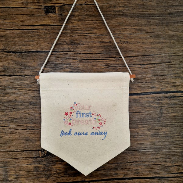 Embroidered Wall Hanging for Nursery Your First Breath Design Pink