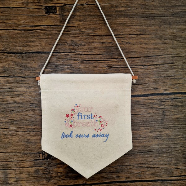 Embroidered Wall Hanging for Nursery Your First Breath Design Pink