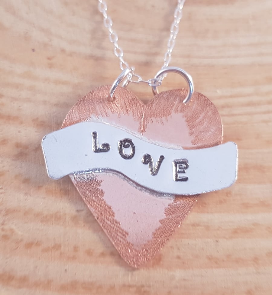 Sterling Silver and Copper Tattoo Heart Stamped 'Love' Necklace
