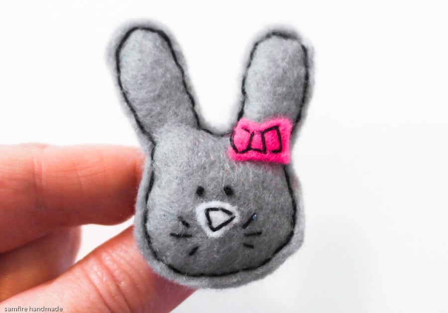 Cute grey rabbit with pink bow . Easter gift. Bunny brooch.