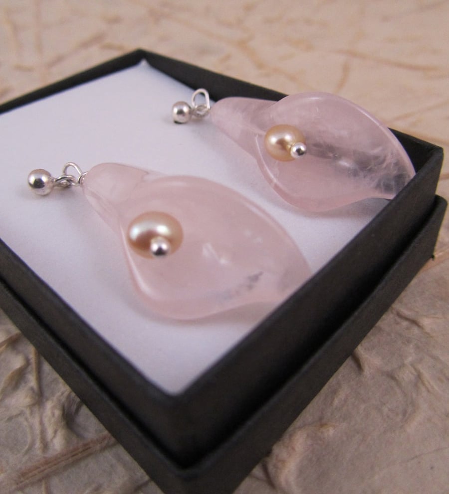 Pink Rose Quartz Calla Lily and Cream Pearl Sterling Silver Earrings