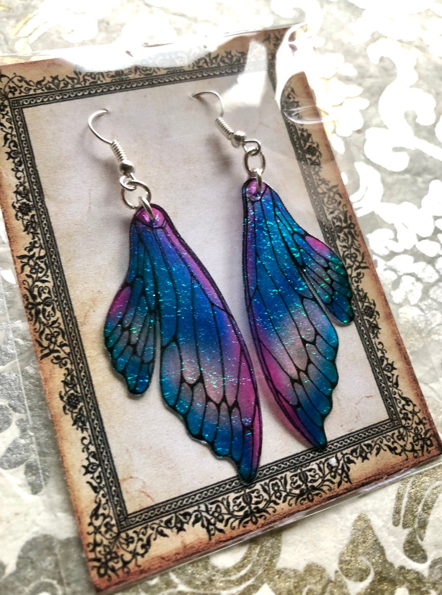 Blue and Purple Iridescent Double Fairy Wing Earrings Sterling Silver