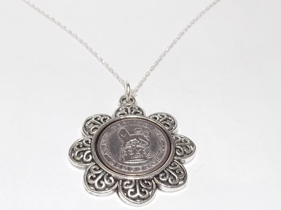 Floral Pendant 1925 Lucky sixpence 96th Birthday plus a Sterling Silver 18in Cha