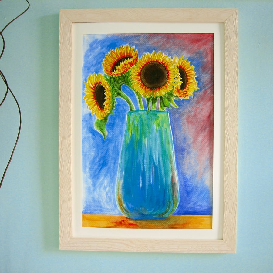 Painting of Sunflowers in a Blue-Green Vase
