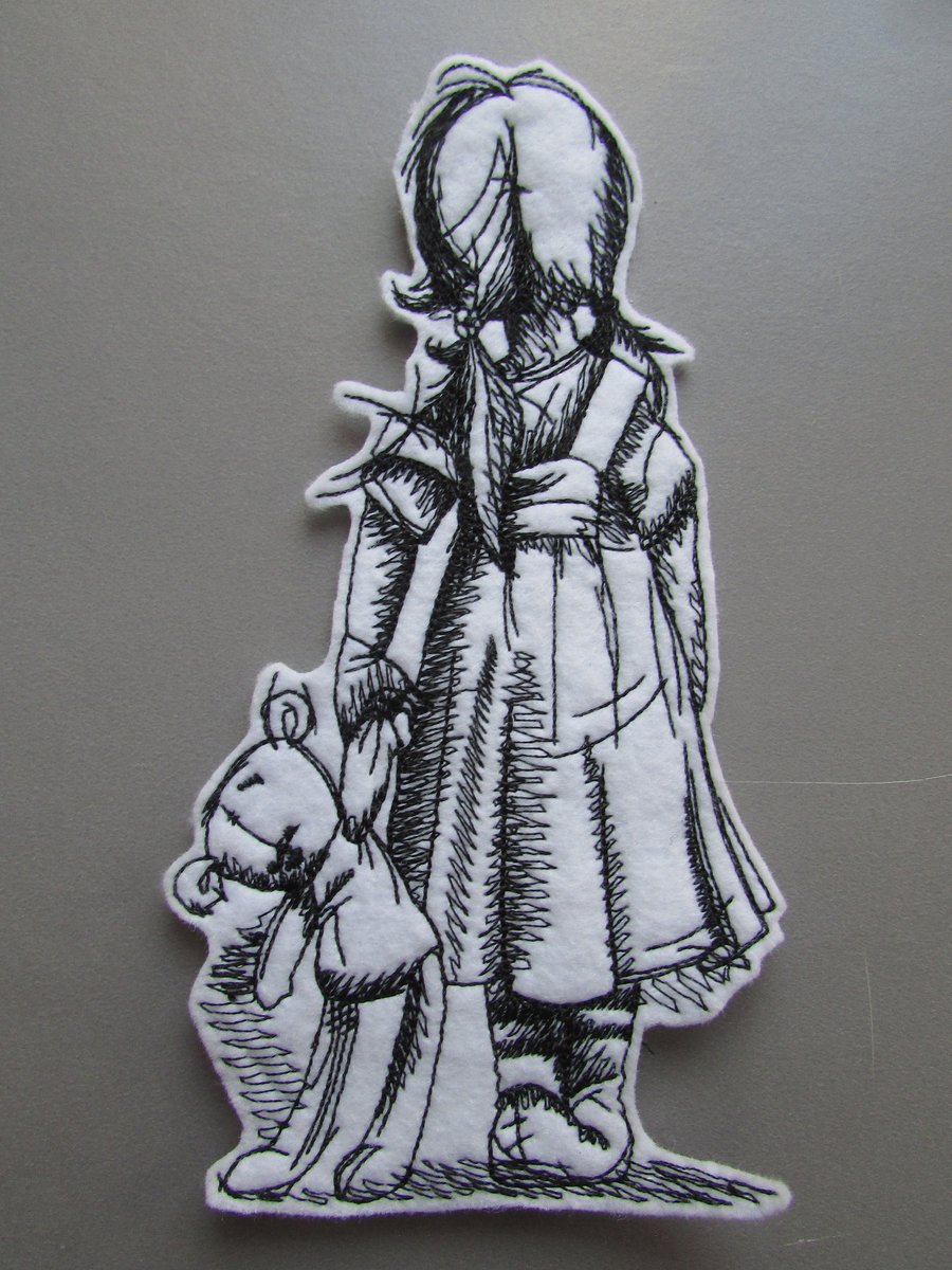 Girl with Teddy Bear Embroidered Sew on Applique Patch