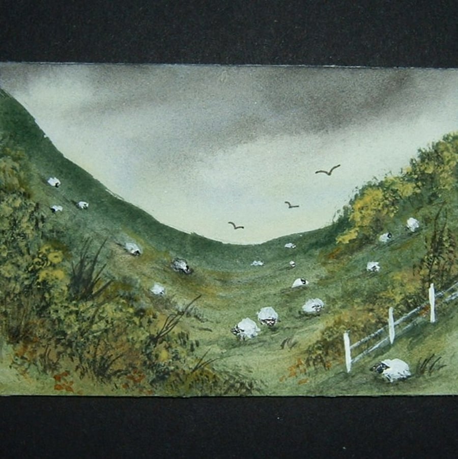 art painting Wales sheep landscape aceo ref 249