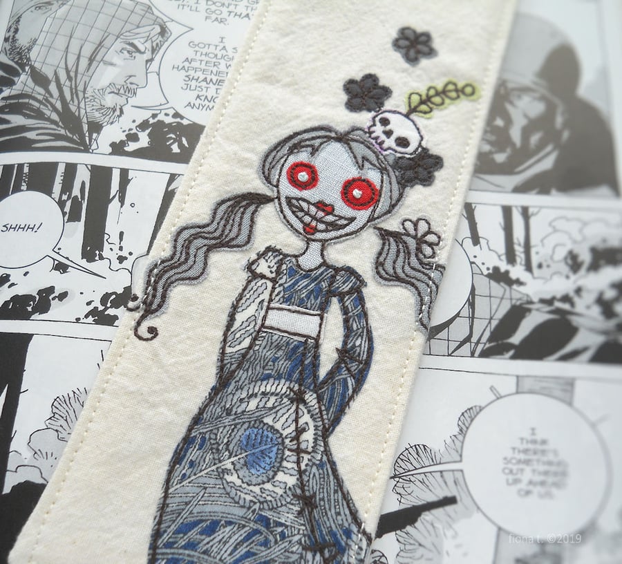 freehand embroidered applique fabric zombie bookmark - blue