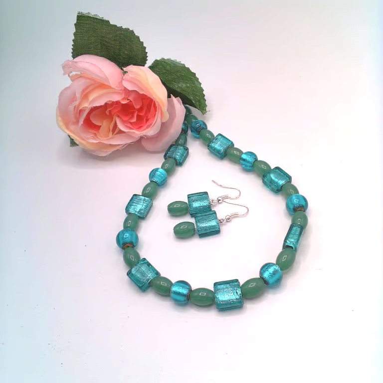Green Square Glass Bead Jewellery Set, Jewellery Gift for Her, Gift Set