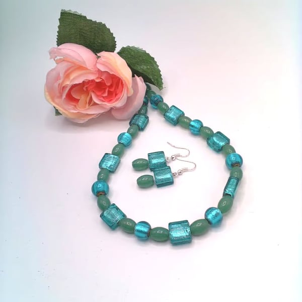 Green Square Glass Bead Jewellery Set, Jewellery Gift for Her, Gift Set