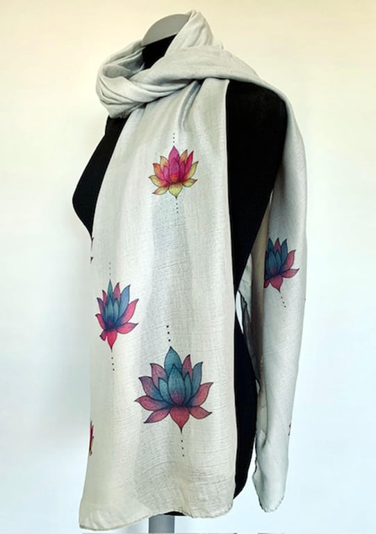 Lotus Flower Scarf Spiritual Enlightenment Gift. Grey. Lightweight