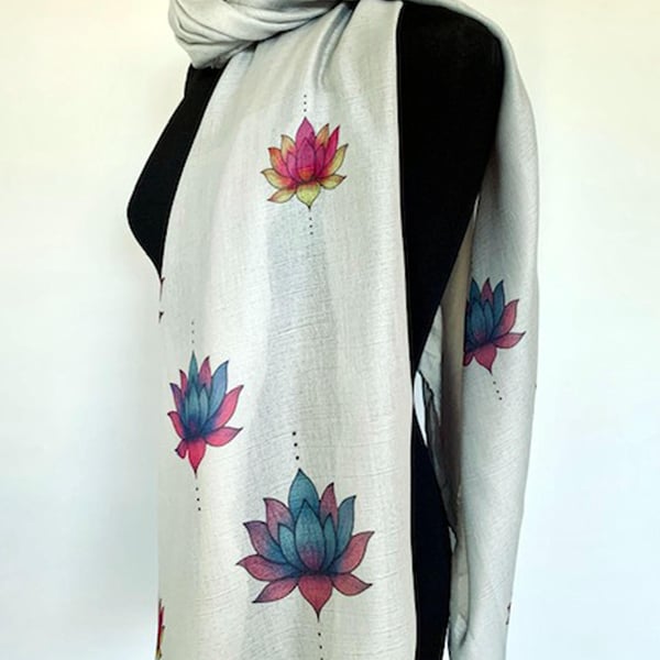 Lotus Flower Scarf Spiritual Enlightenment Gift. Grey. Lightweight