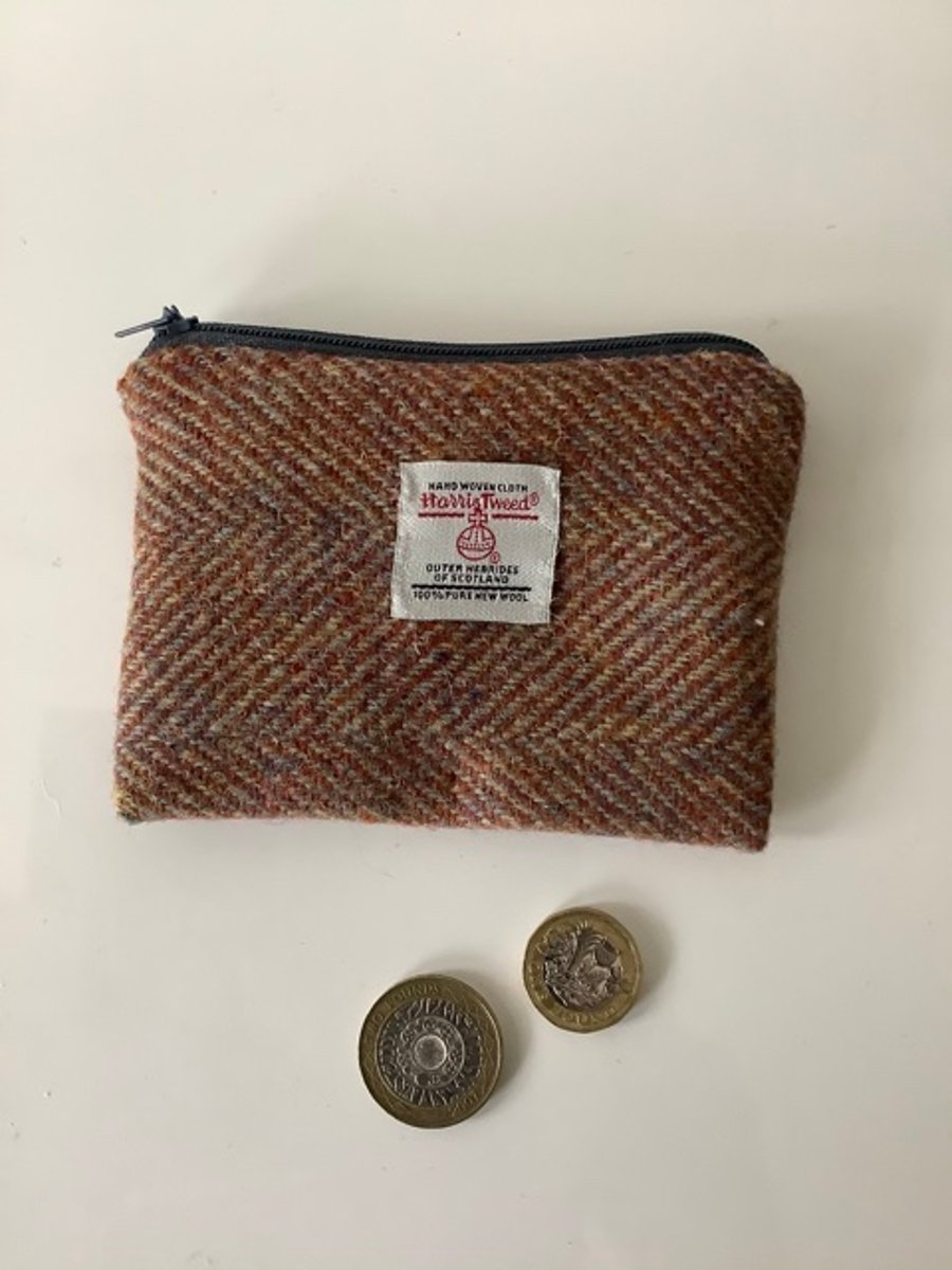 Beige and Rust Herringbone Harris Tweed coin purse ,Zip pouch