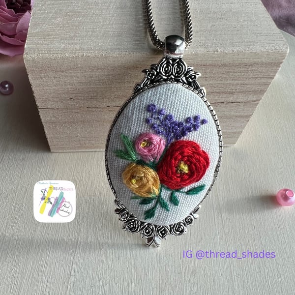 Embroidery jewellery, colourful rose necklace, vintage style pendant, oval shape