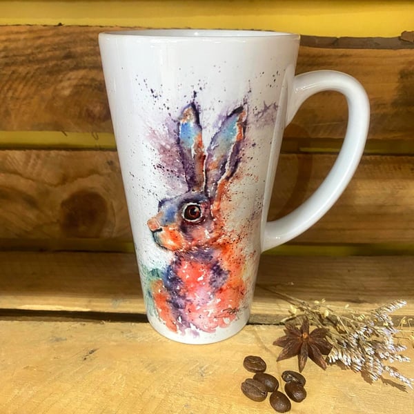Hare Latte Mug, 17oz Ceramic Coffee Mug, Colourful Wildlife Art Mugs by Watercol