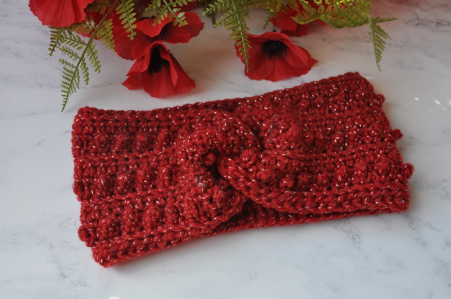 Crochet Twisted Headband Red Sparkle Ear Warmer Chunky Twist Hand Crochet