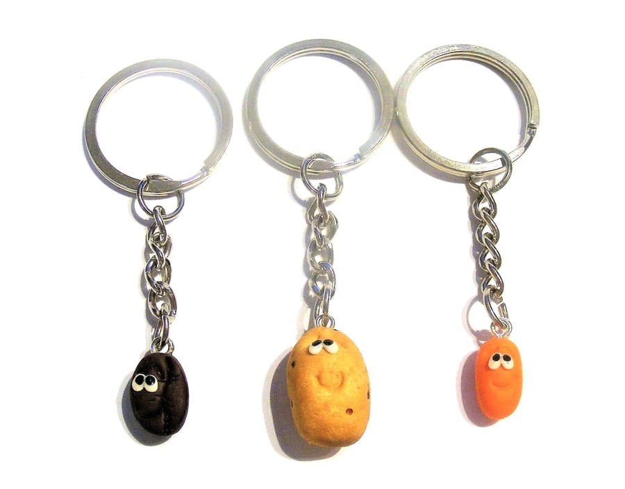 Coffee lover keyring, Potato keyring, Baked Bean Keyring, 