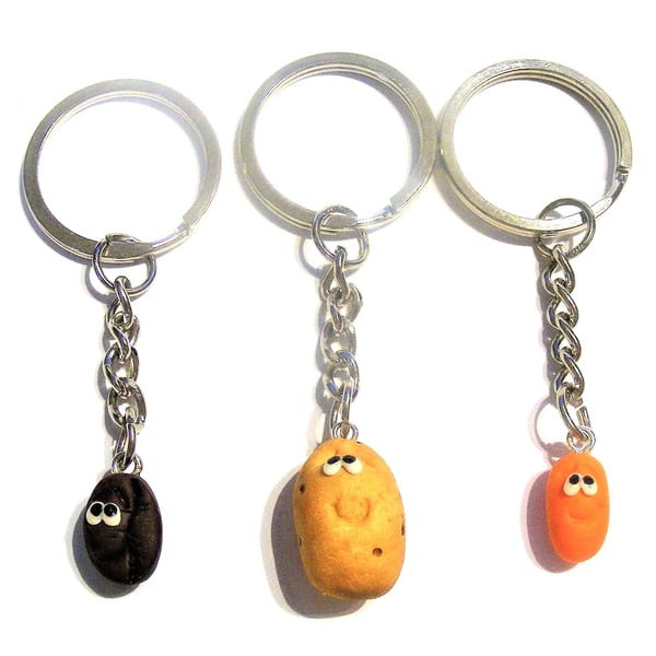 Coffee lover keyring, Potato keyring, Baked Bean Keyring, 