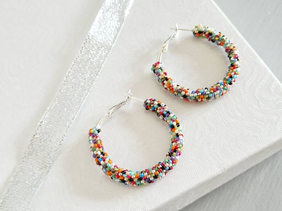 Silver 35mm Rainbow Hoop Earrings