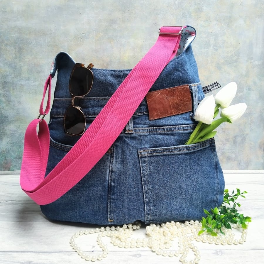 Recycled Denim Jeans Hobo Shoulder Bag Flamingo Lining
