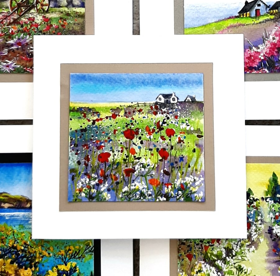 Blank Card. Handpainted Watercolour Of Wildflowers And Cottages