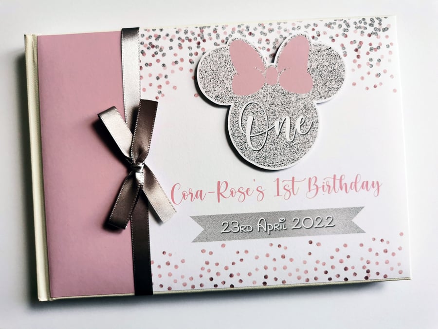 Minnie birthday guest book, pink and silver minnie head, minnie birthday gift