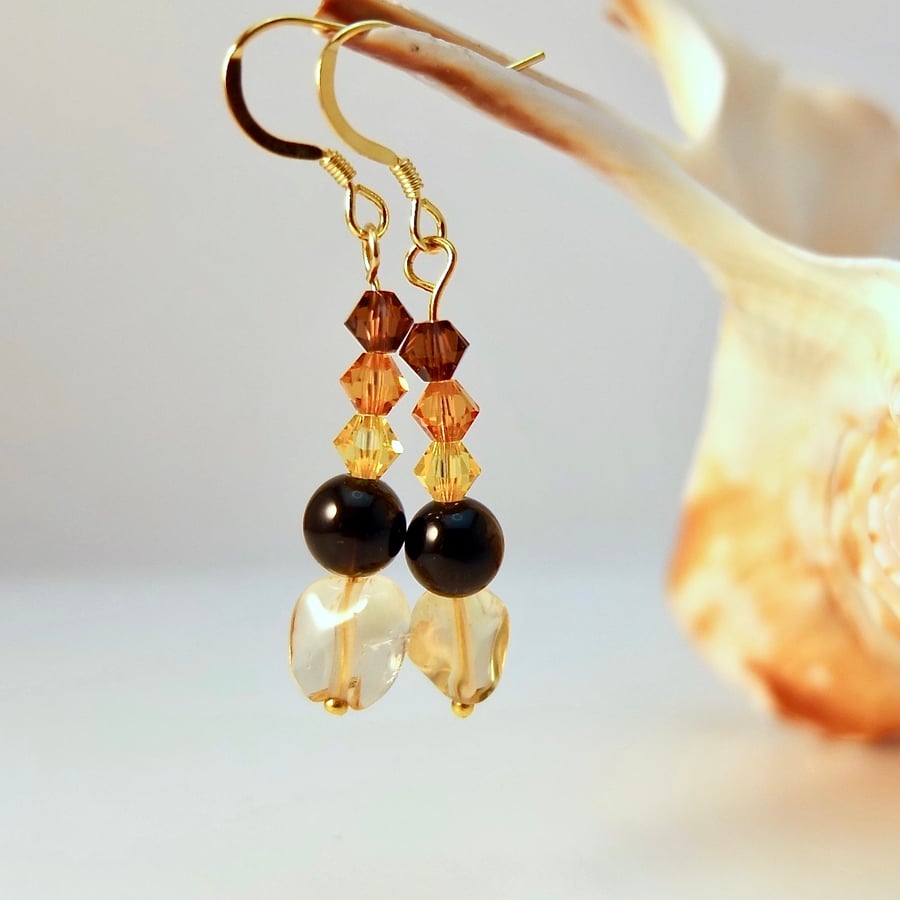 Citrine And Obsidian Earrings With Swarovski Topaz Crystals - Handmade In Devon