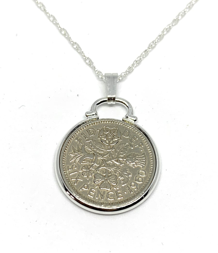 1960 60th Birthday Anniversary sixpence coin pendant plus 22inch SS chain, 60th 