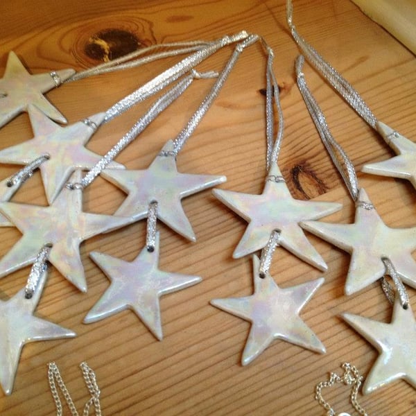 Duo star white & mother of pearl lustre ceramic hanging decoration
