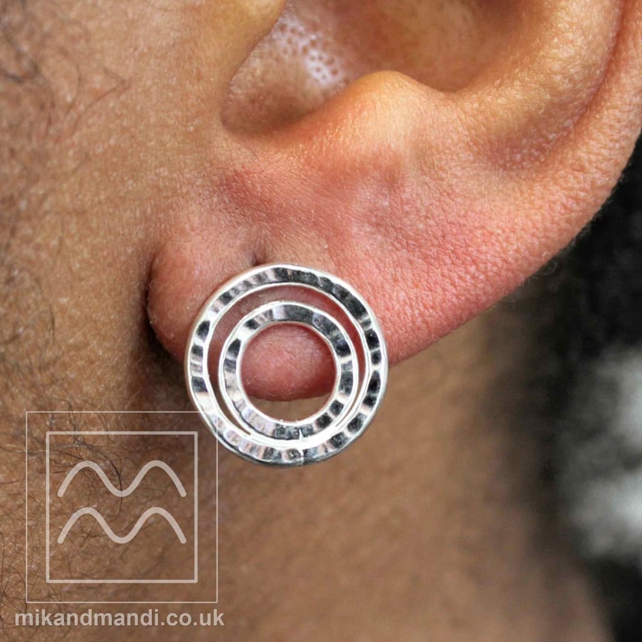 Textured Sterling Silver Double Ring Stud Earrings