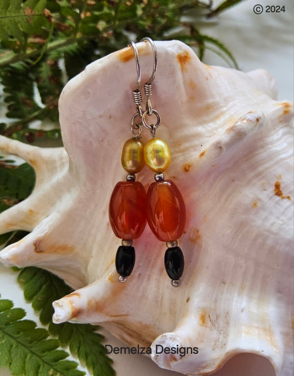 Carnelian, Onyx & Freshwater Pearl Sterling Silver Earrings