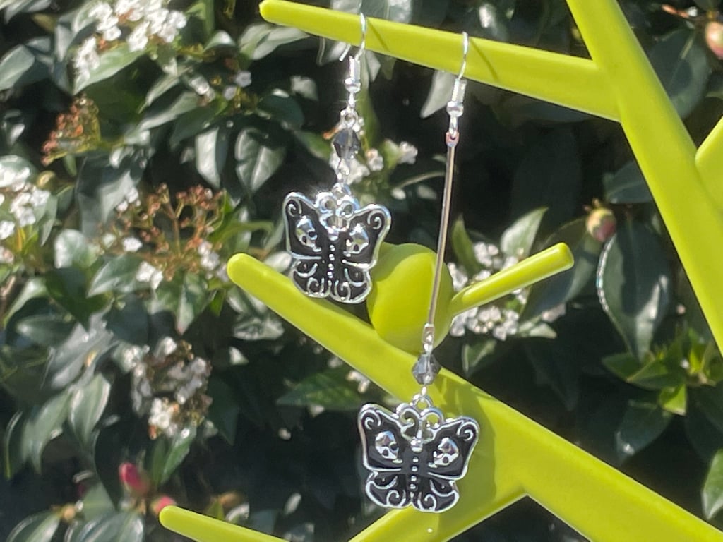 MISMATCHED MOTH EARRINGS skull crystal black silver drop cool punk 