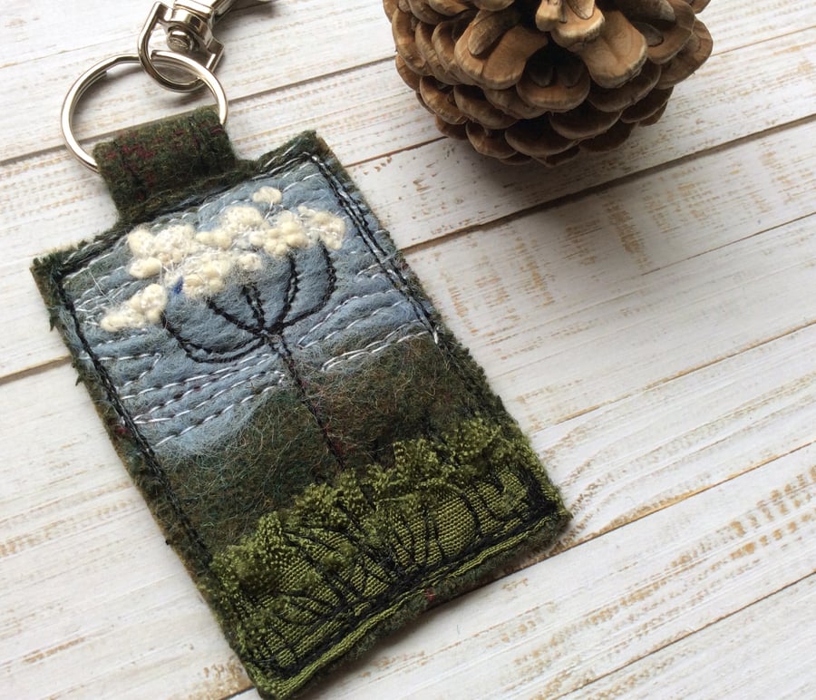Up cycled embroidered cow parsley keyring or bag charm.