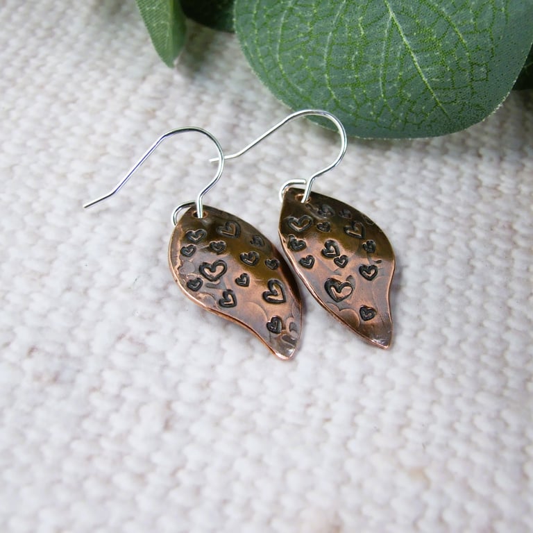 Earrings, Sterling Silver and Copper Heart Pattern Leaf Droppers