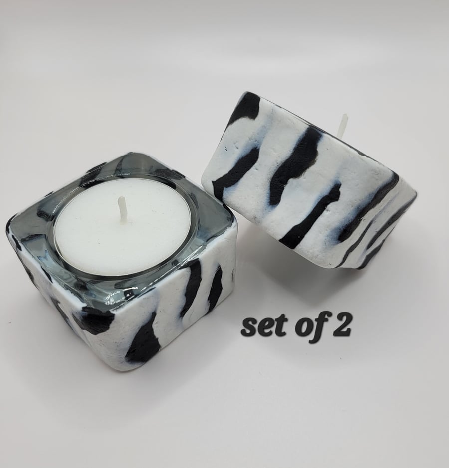 Black and white polymer clay tea light candle holder 5cm set of 2