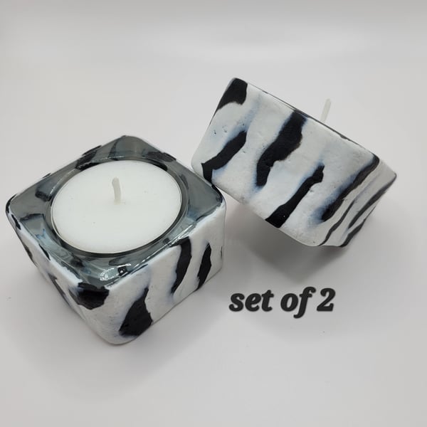 Black and white polymer clay tea light candle holder 5cm set of 2