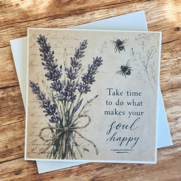 Vintage Lavender Botanical Greeting Card. Handmade Parchment Paper Card.