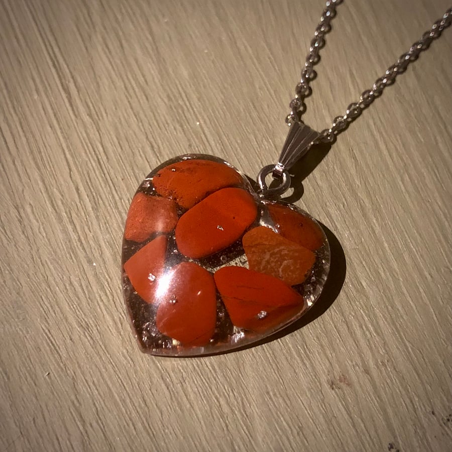 Crystal Energy Heart Pendant with Red Jasper and silver leaf (medium)