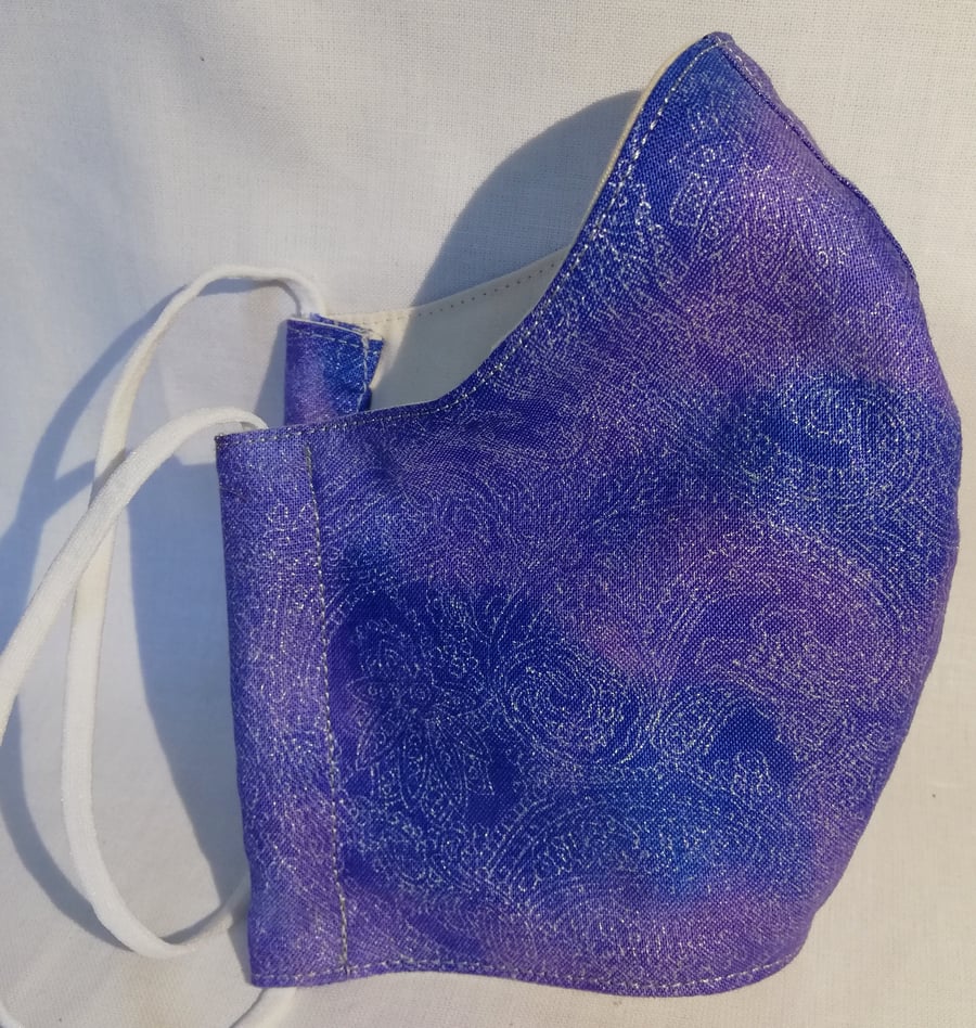 Face mask reusable triple layer 100% cotton purple with silver pattern