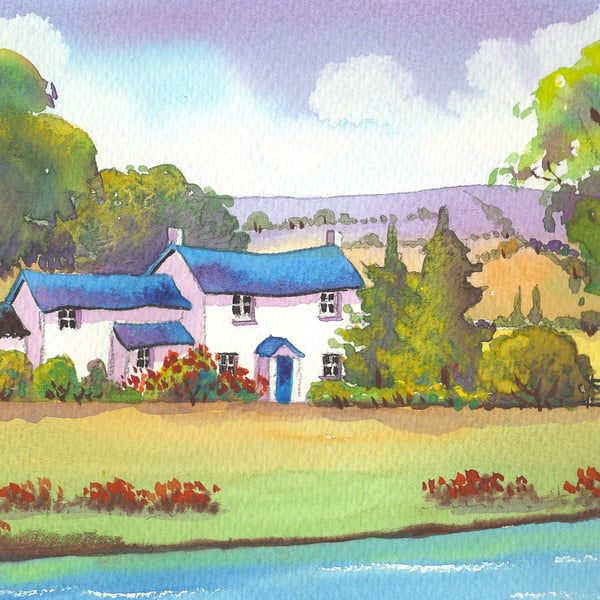 River Wye, Cottage, Herefordshire, Original Watercolour in 14 x 11 '' Mount