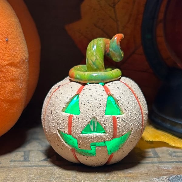 Ceramic pumpkin light up decoration carved face Jack o lantern no12