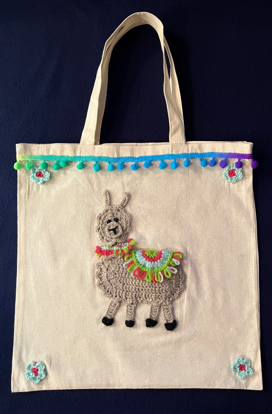 Llama Canvas Tote Bag with pom-pom trim and Pale Blue flowers