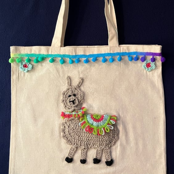 Llama Canvas Tote Bag with pom-pom trim and Pale Blue flowers