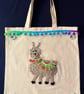 Llama Canvas Tote Bag with pom-pom trim and Pale Blue flowers